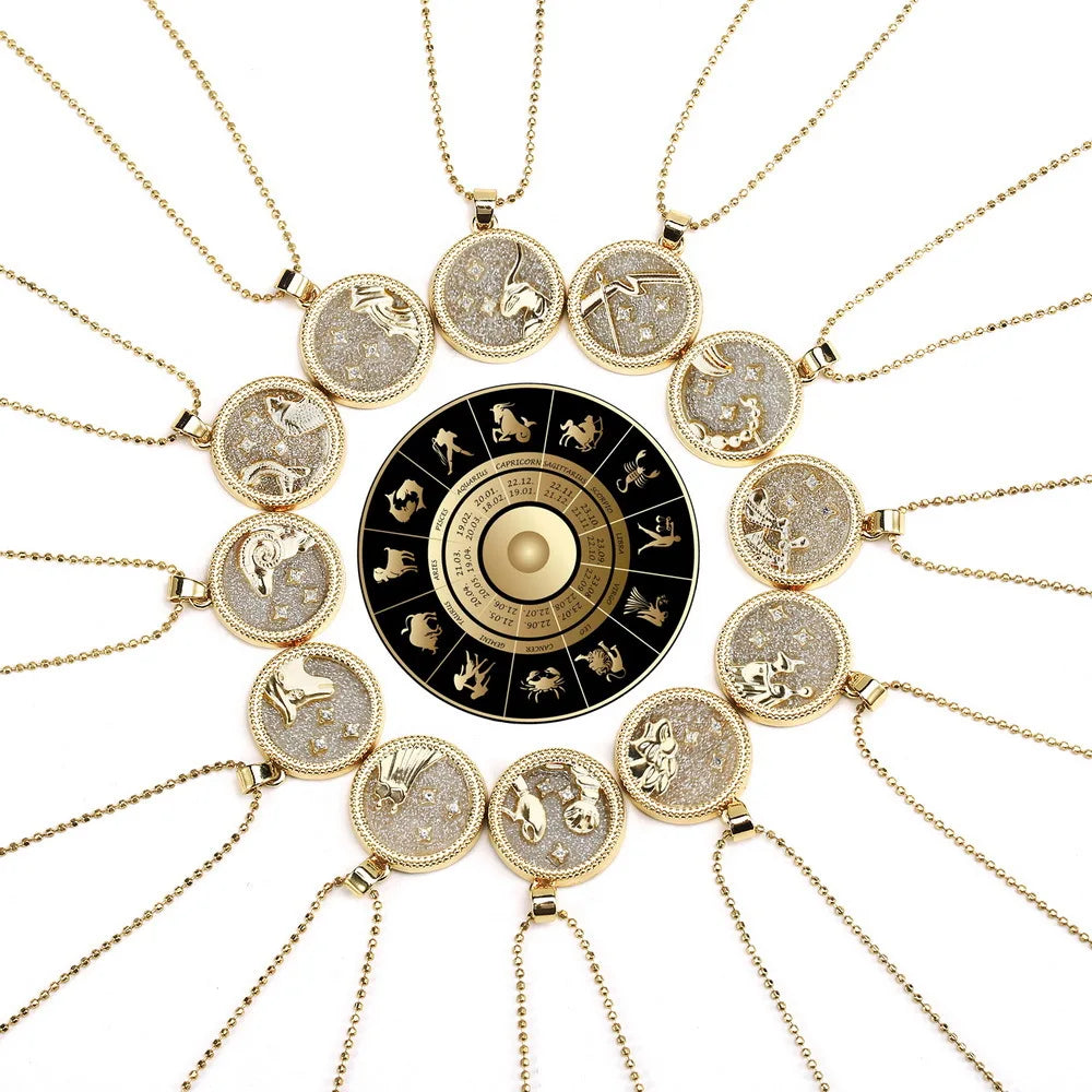 Latest Wish Card Zodiac Horoscope Day & Night Dual-Use 12-Sign Pendant Gold-Plated Necklace Charming Gift for Women