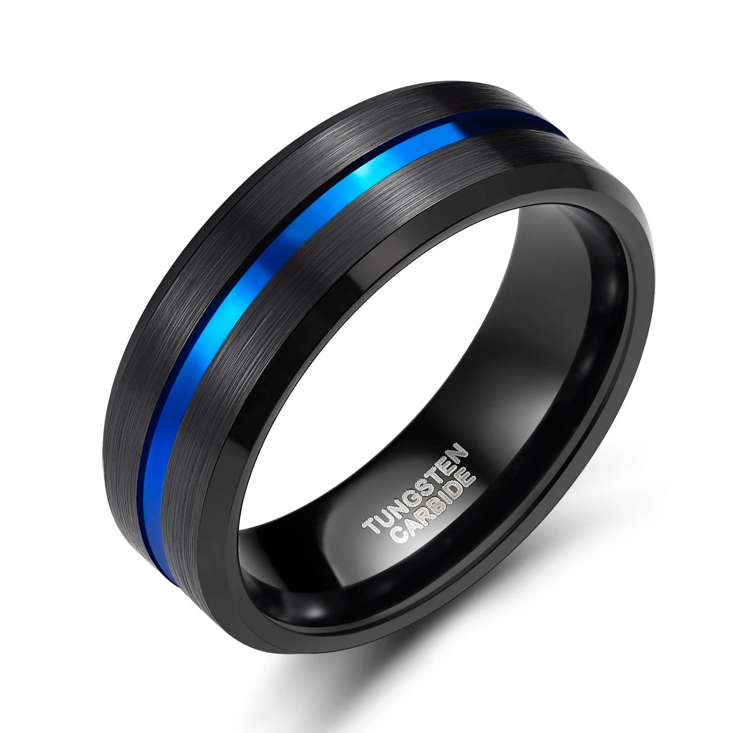 OAHLAN Men's Fashion Jewelry 8mm Blue Line Grooved Personalized Brushed Black Tungsten Carbon Rings for Wedding Engagement Gift