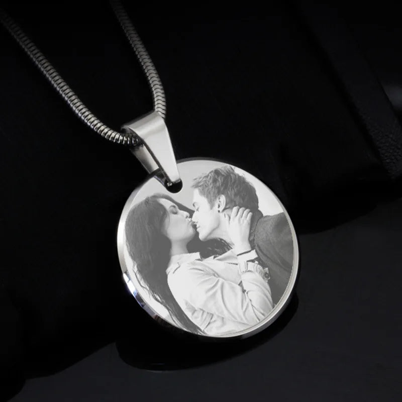 Tungsten Steel Pendant Customized Laser Engraved Photo Logo Zircon Anniversary Silver Plated Minimalist Geometric Necklace