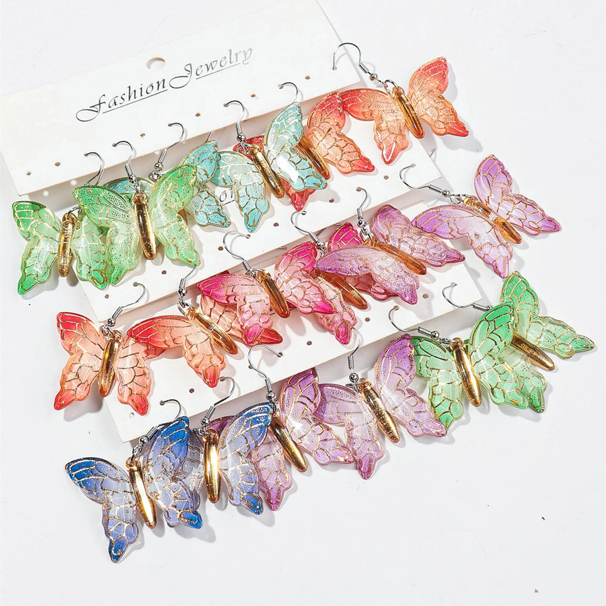 Korean Popular Casual Jewelry Cute Large 3D Butterfly Pendant 3 Pairs/set Transparent Gold Foil Acrylic Drop Earrings Set