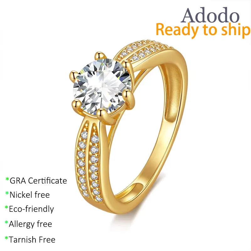 Fine Jewelry 6 Prong Set Round Cut 1ct VVS GRA Moissanite Dainty Non Tarnish Hand 925 Silver Gold Plated Jewellery Rings Women