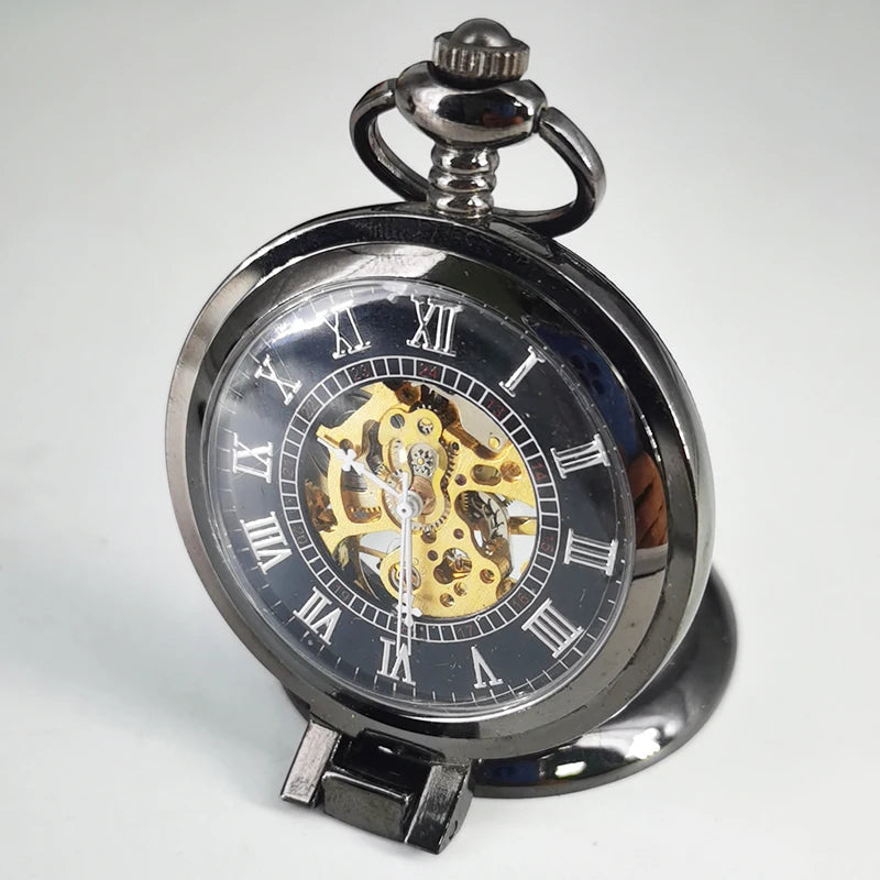 Transparent Bronze/Black Skeleton Manual Mechanical Pocket Watches with Hanging Chain Hand Winding Pendant Pocket Timepiece