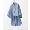 Wholesale 100%cotton Linen Shirt Sets Short Wo Pieces Sets Shirt Blouse and Elastic Waist Shorts Sets Buttons  Shirt Sets