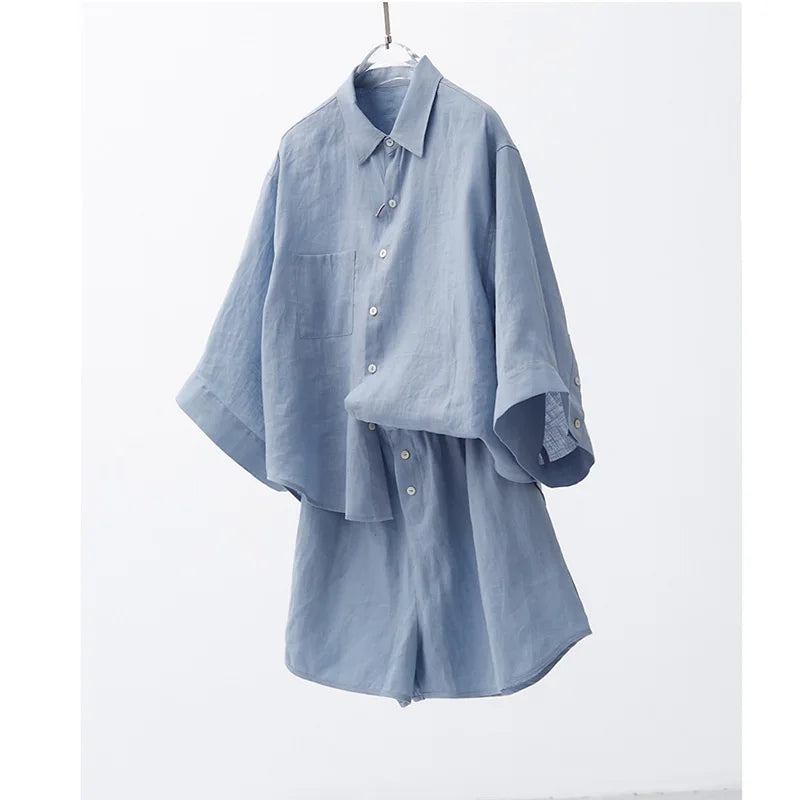 Wholesale 100%cotton Linen Shirt Sets Short Wo Pieces Sets Shirt Blouse and Elastic Waist Shorts Sets Buttons  Shirt Sets