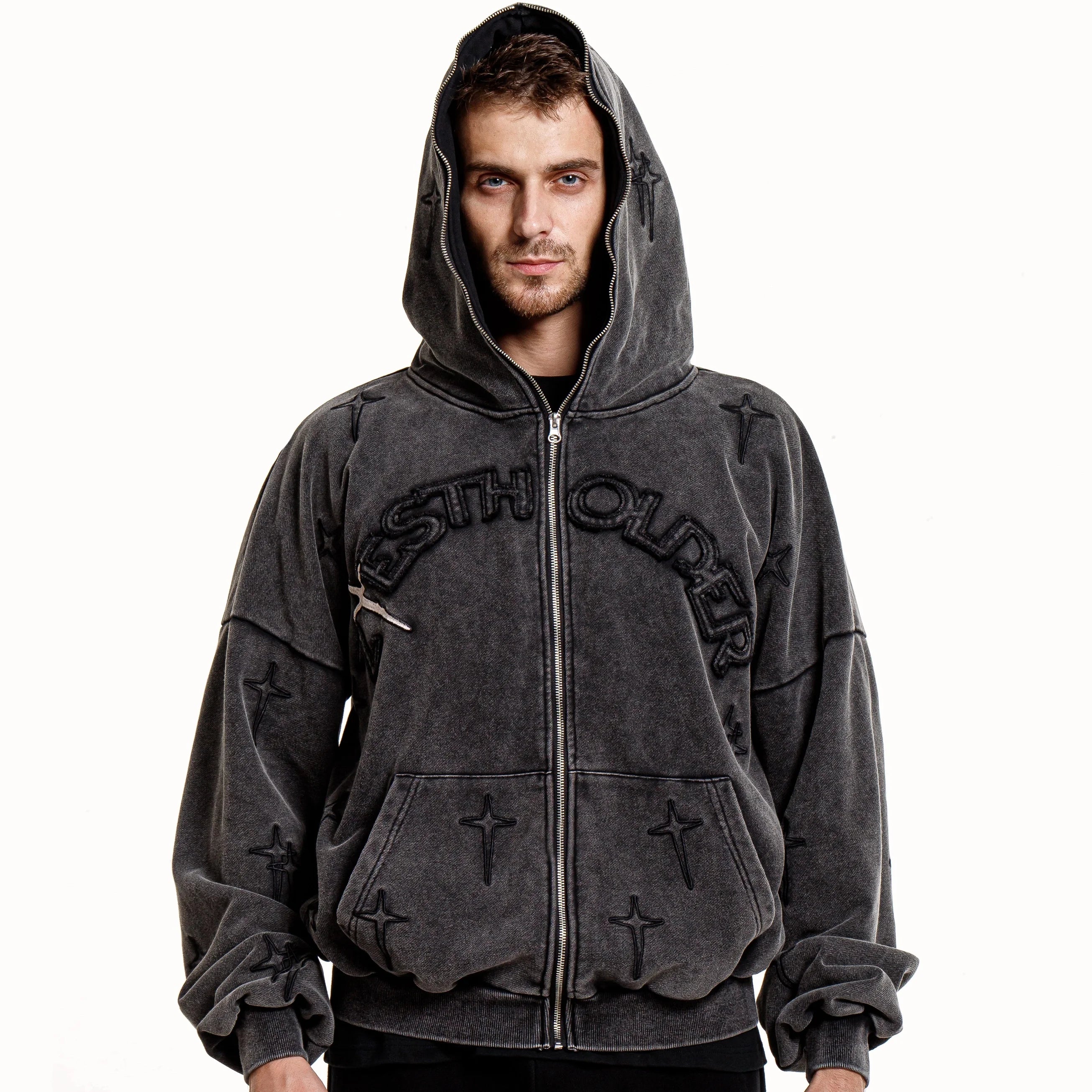 Oversized Heavyweight Distressed Patch Embroidery Full Face Zipper up Hoodies for Men