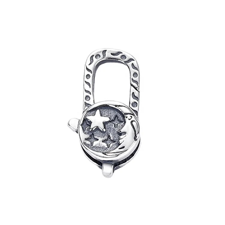 Antique Style Oxidized Sterling Silver Moon Star Large Lobster Clasp Pure Solid 925 Findings Lock Parrot Bracelet Clasps