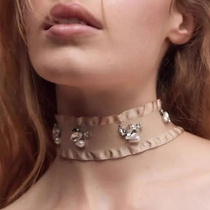 ZA Pearl Fabric Choker Necklaces for Women Fashion Crystal Wide Cotton Chokers Necklace Collar Jewelry