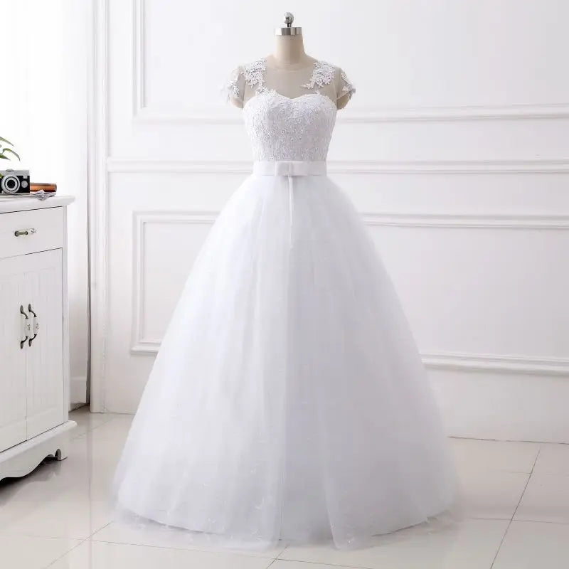 2021 Hot Sale  Simple Pure White Lace Tulle Cap Sleeve Wedding Dresses Bride Dress Plus Size Maxi Formal Size 2-26W