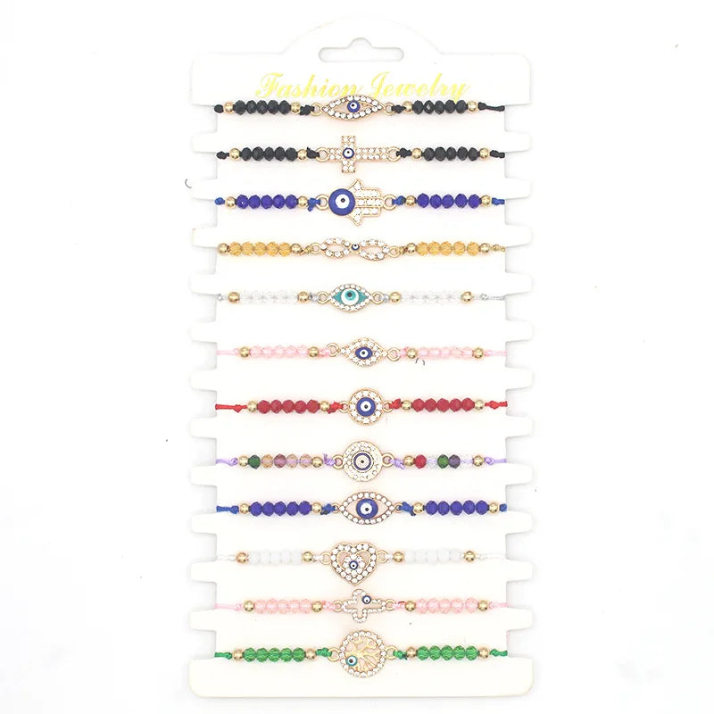 12 Pcs Colorful Evil Eye Beaded Hand Bracelets Handmade Braided String Good Luck Nazar Amulet Bangle Lucky Turkish