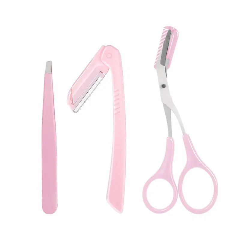 FOCSTAR Popular 3-in-1 Manual Eyebrow Razor Scissors Tweezers Set Stainless Steel Squared Blade Black Pink Grooming Kit Eyebrow