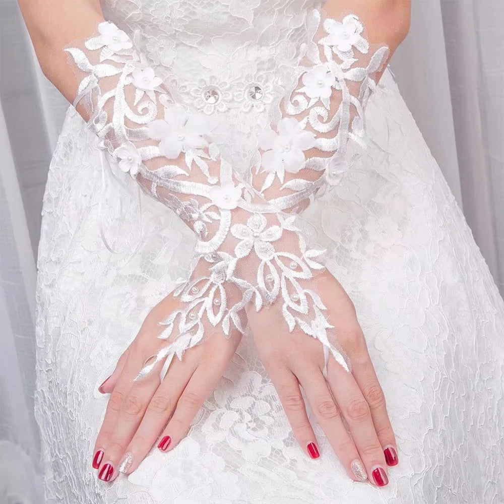 Bridal Lace Gloves Long Short Length Wedding Dress Accessories Crochet Floral Embroidery Openwork Gloves for Bride