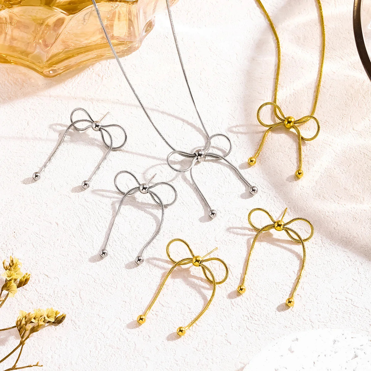 Round Snake Chain Tarnish Free PVD 18k Gold Plated Bowknot Earrings Stainless Steel Bow Necklace Set