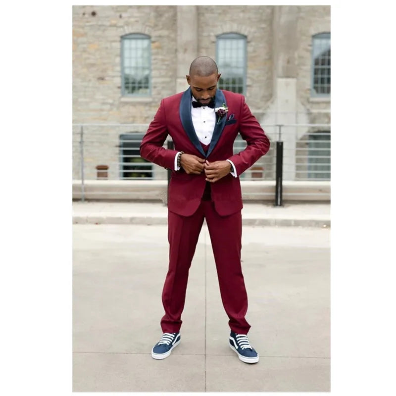 Autumn One Button Burgundy Men Suits 2 Pieces Shawl Lapel Business Suit Formal Groom Costume Homme Man Tuxedo Jacket+Vest+Pant