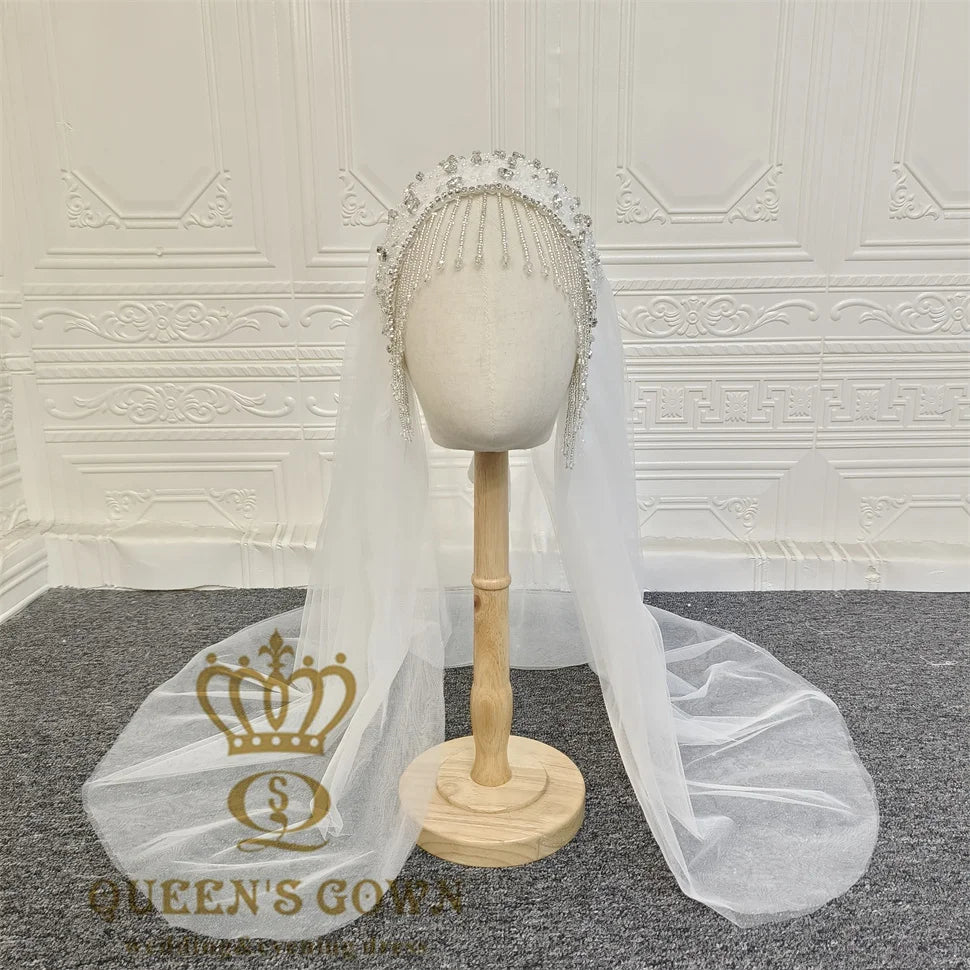 Queen Gown New Style High Quality Wedding Hat Veil Fashion Turban Hat Tulle Tassels Beaded Ornament for Bridal Veil