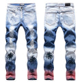 Custom Jeans  Men's Hollow Out Pants Art Painted Washed Blue  Skinny Jeans