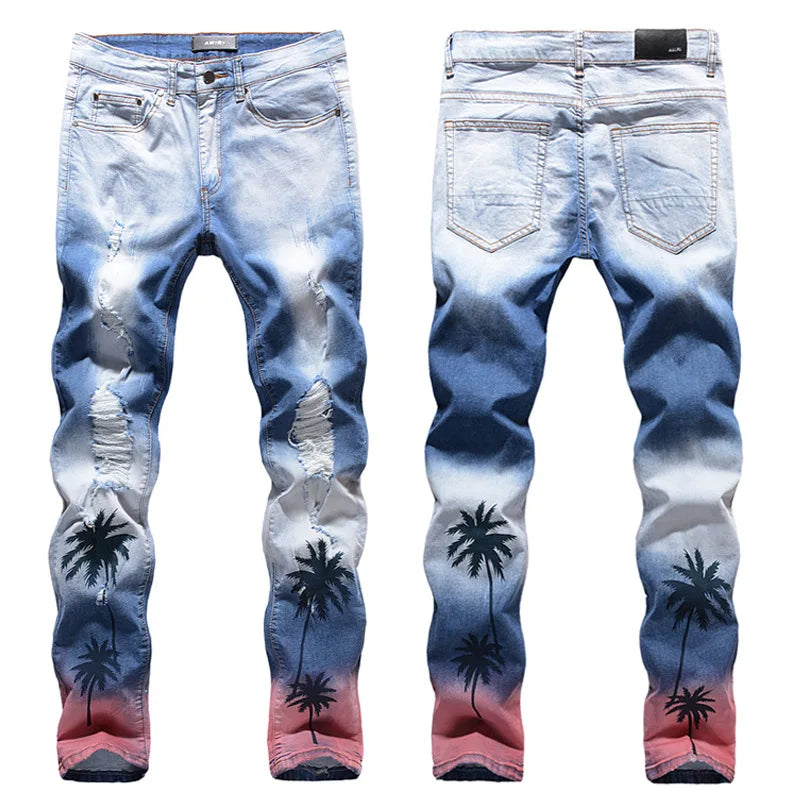 Custom Jeans  Men's Hollow Out Pants Art Painted Washed Blue  Skinny Jeans