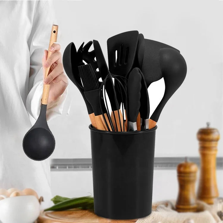 Silicone Kitchen Utensils Tool House Hold Products Cooking Utensils for Kitchen Box Customized Logo Utensils Set Colorful Wooden