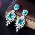 Light Green Square Cubic Zirconia Crystal Water Droplets Long Dangle Women Wedding Bridesmaid Party Earring Jewelry Accessory