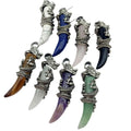 Dark Black Wind Dragon Wrapped Wolf Teeth Crystal Necklace With O-shaped Silver Alloy Chain Vintage Style