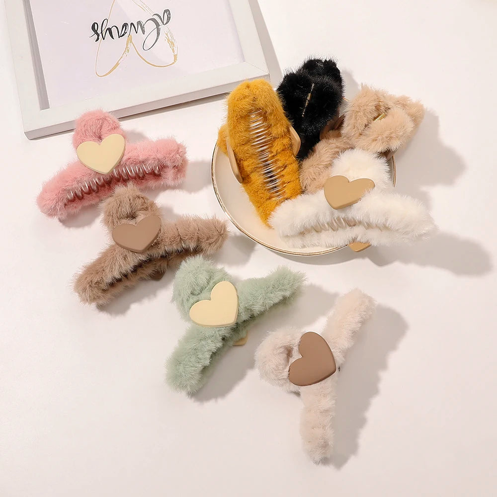 2022 Women's Soft Fuzzy Hair Claws Large Candy Color Acrylic with Heart Decorative Clips