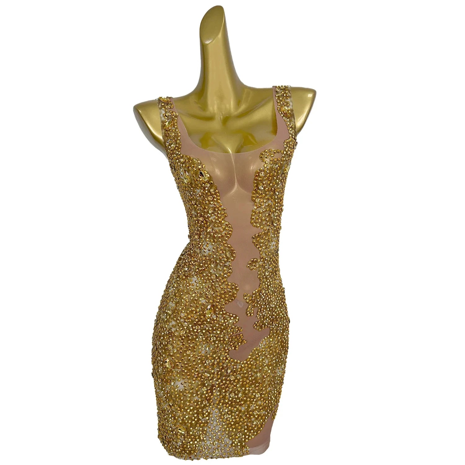 Gold Sleeveless Rhinestone Short Cocktail Prom Dress Plus Size Mini Evening Gowns Ladies Bodycon Party Celebration Club Dress