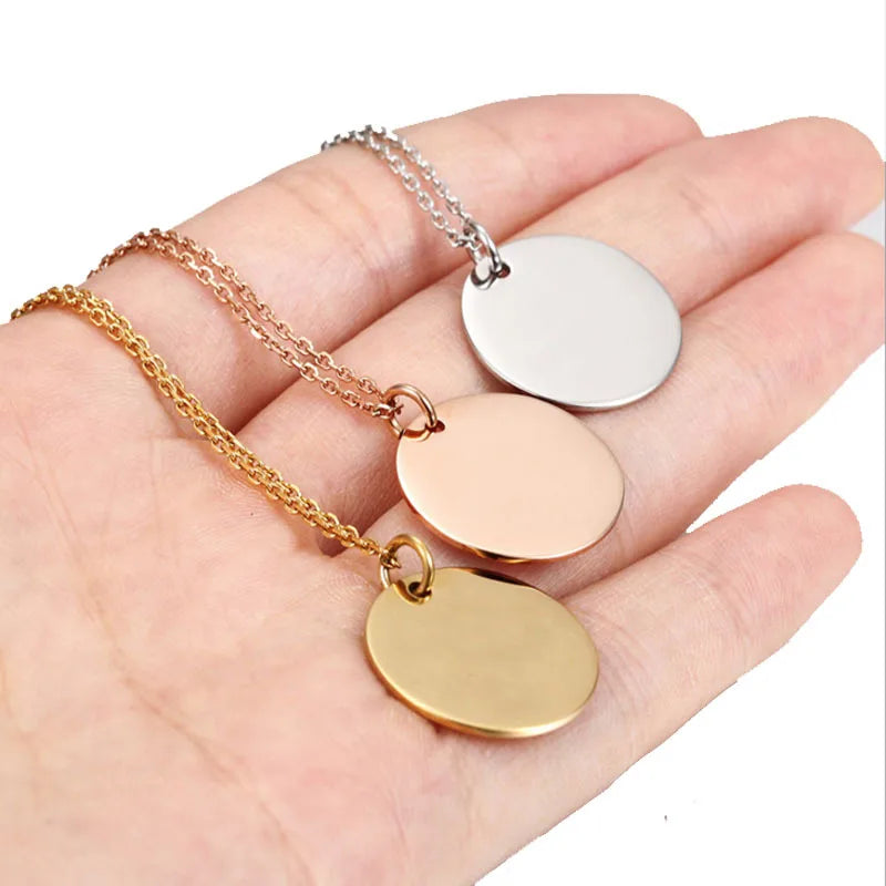 JDP079-2 High Polish 18mm Round Pendants with Chain 316L Stainless Steel Necklace Jewels Gold Plated Tags Charms