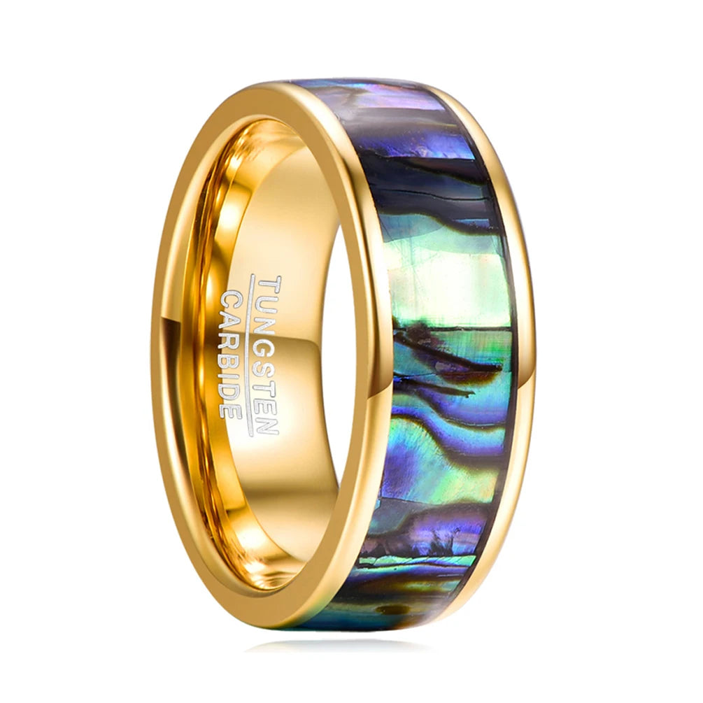 Trendy 8mm Dome Natural Colorful Abalone Shell Inlay Gold Plated Tungsten Mens Ring Fine Jewelry