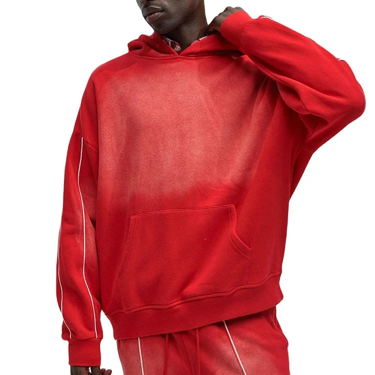YUCHEN Red Customized Boxy Oversized Sun Faded Heavyweight Pullover Hoodie Men Wash Cotton Sweatshirt Cut and Sew Hoodie