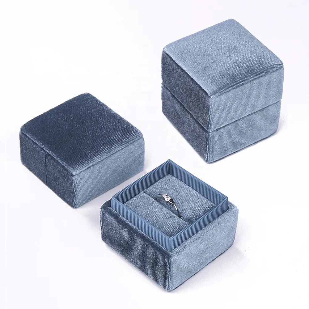 Wedding Engagement Handmade Blue Velvet Antique Design Luxury Velour Square Shape Custom Logo Ring Box Jewelry Packaging Gift