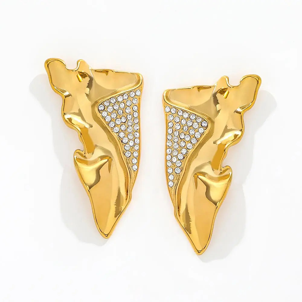 JOOLIM High End 18K Gold Plated Stainless Steel Stud Earring Irregular Wing Zirconia Pave Wrinkle Texture Fashion Jewelry