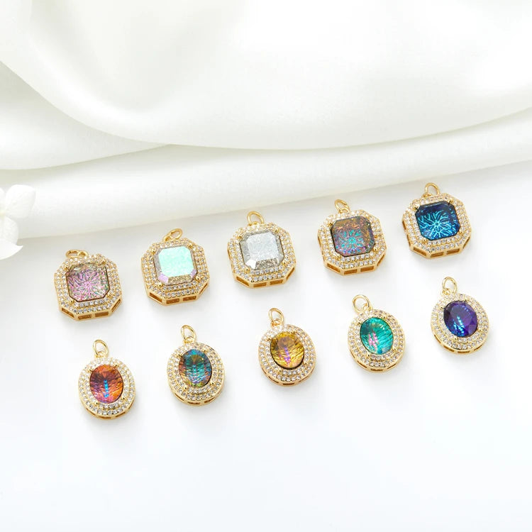 Boho Fashion Trendy Women's 14K Gold Plated Brass Oval Square Zircon Crystal Pendant Charms DIY Earrings Necklace Bracelet