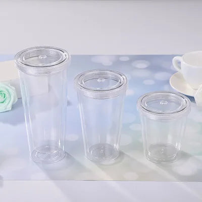 Reusable 12oz 16oz 24oz Plastic Water Bottle Double Walled Acrylic Skinny Tumbler with Straw and Lid clear Tumbler