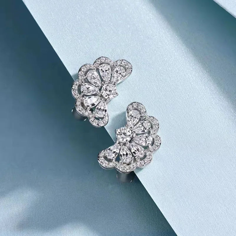 Aimgal Luxury 925 Silver & 18K Gold Plated Ear Clips 8A Leb High Carbon Diamond Fine Stud Earrings with Lace Edge