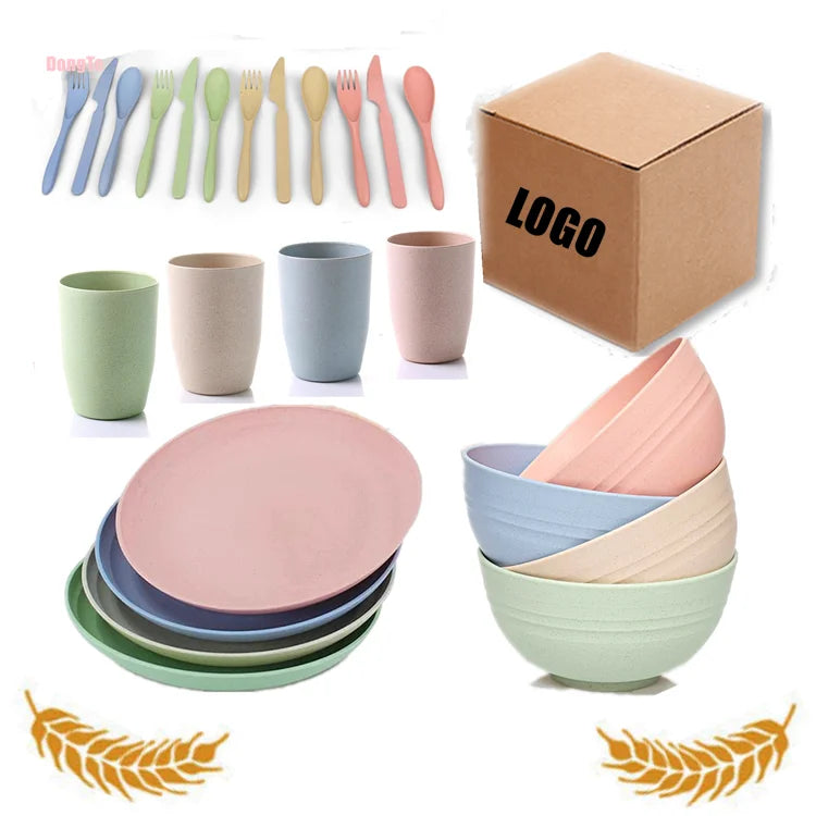 Hot Sale 28 PCS/Set European Style Wheat Straw Eco-Friendly Kids Dinnerware Set with Plates & Dishes