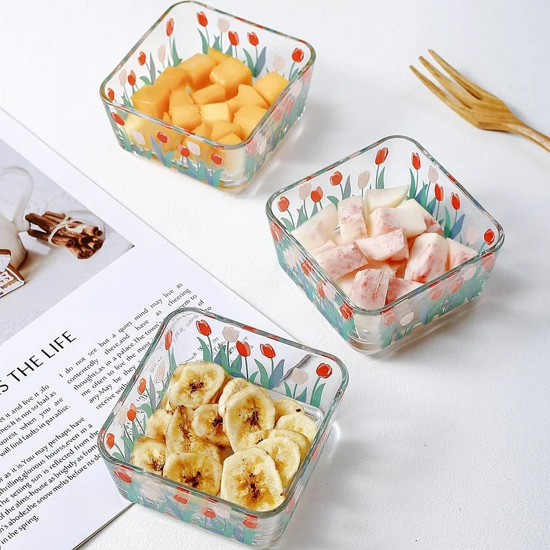 A Multi-function Glass Salad Bowl with Little Flowers Printed on It