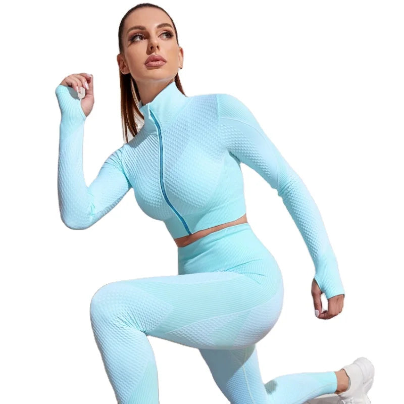Women's High Waist Sports Suit Apparel Long Sleeve Zipper Fitness Yoga Wear Sets Polyamide Sports Elastane Seamless Plaid