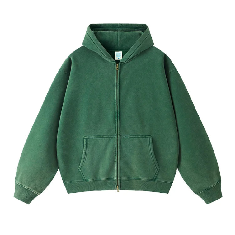Wholesale 100% Cotton Streetwear Heavy Weight 500g Oversized Vintage Acid Wash No String Zip-up Hoodie for Men for Autumn