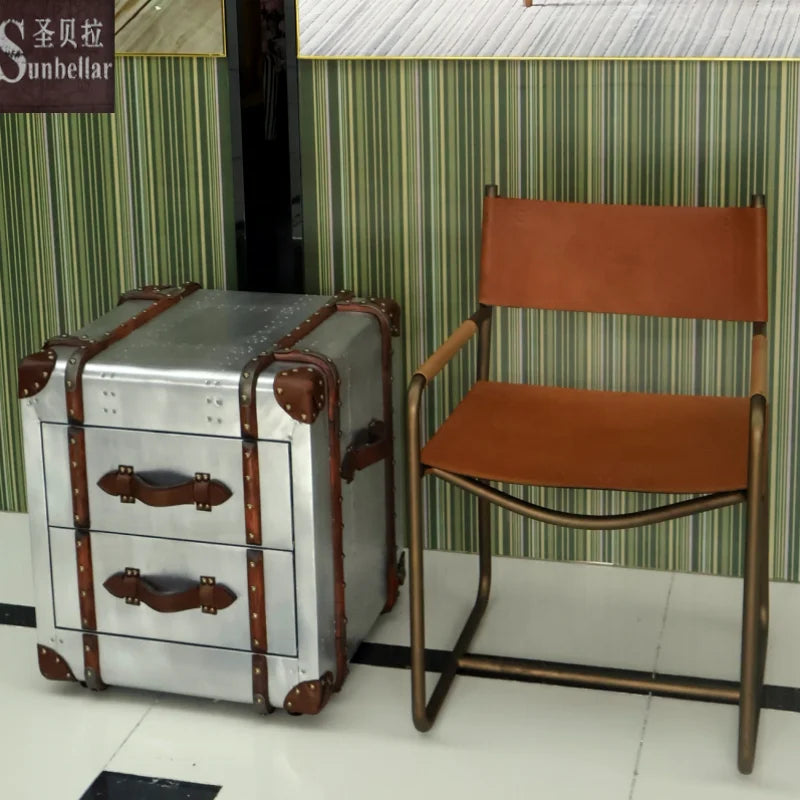 Industrial Restaurant Coffee Table Set with Genuine Leather Chairs and Aluminum Frame for Living Room