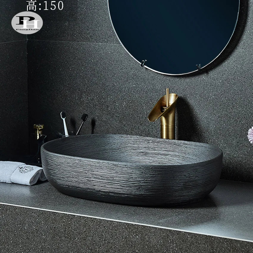Traditional Handmade Color Glazed Rectangular Shape Ceramic Black Basin 12L Capacity Counter Mounted Eco-Friendly for Bathroom