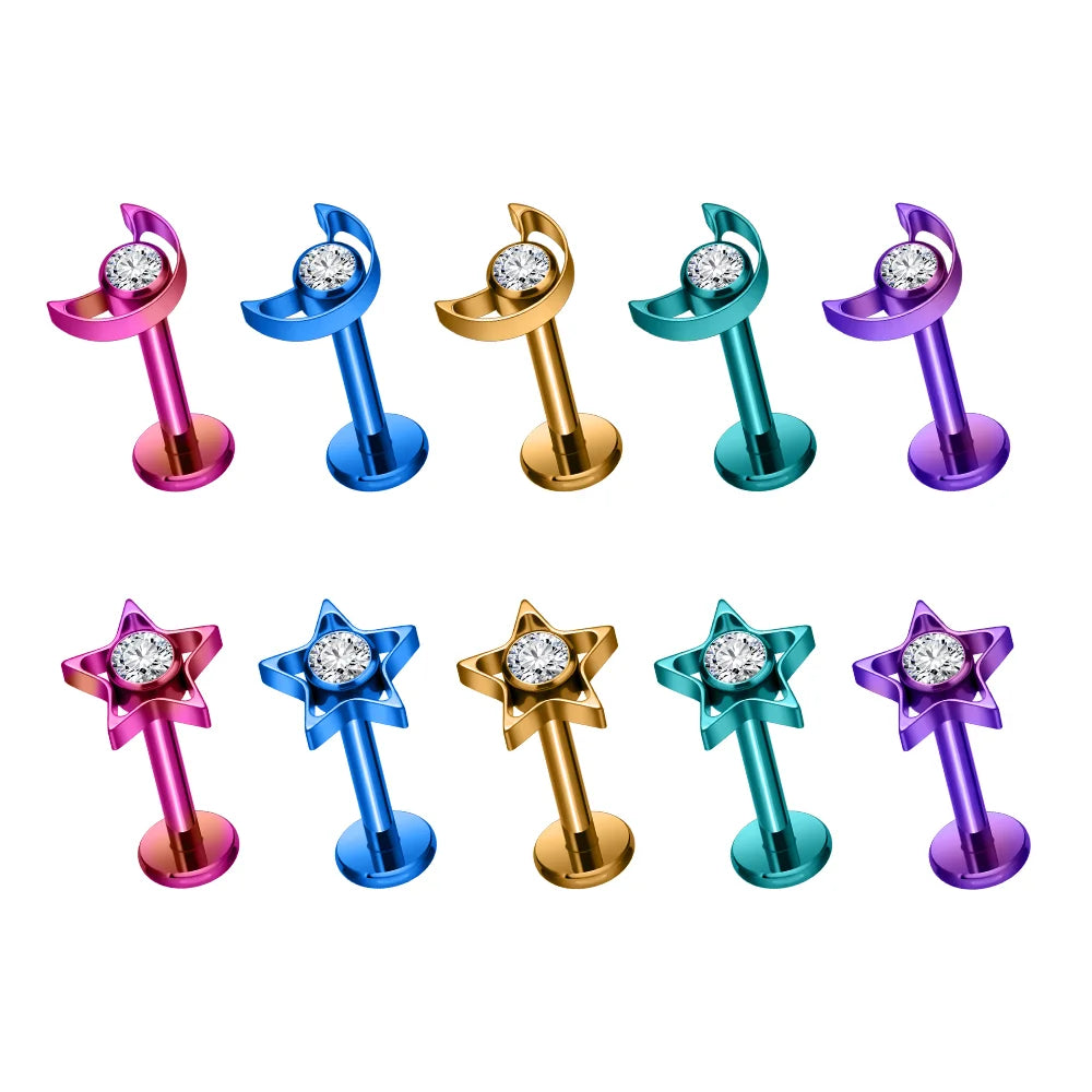 ASTM F136 Titanium Punk Style Silver/Gold Plated Lips Shape CZ Inlay Anodizing Multicolor Nose Stud Earrings Labret 16G Ear