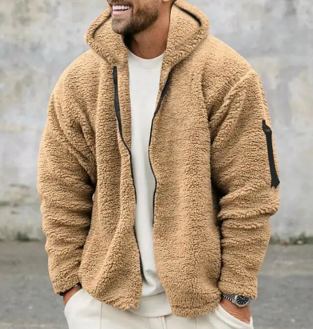 Wholesale Men's Outdoor Warm Fleece Jacket Men's Winter Cold Proof Coat Solid Color Hooded Coat