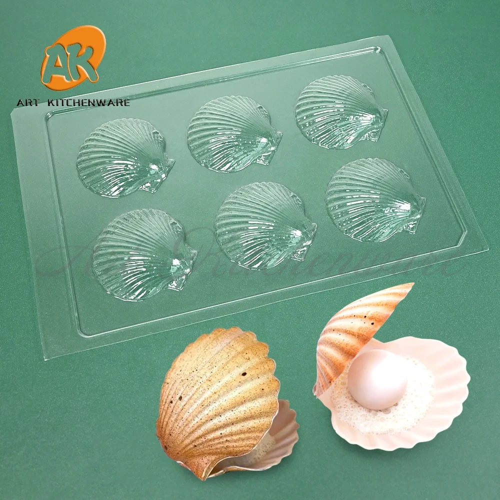 AK Wholesale 6 Cavity Sea Shell PET Tray Custom 3D Chocolate Mold for Chocolates Bar Bomb Ball Candy Mold POM-21 Cake Tools