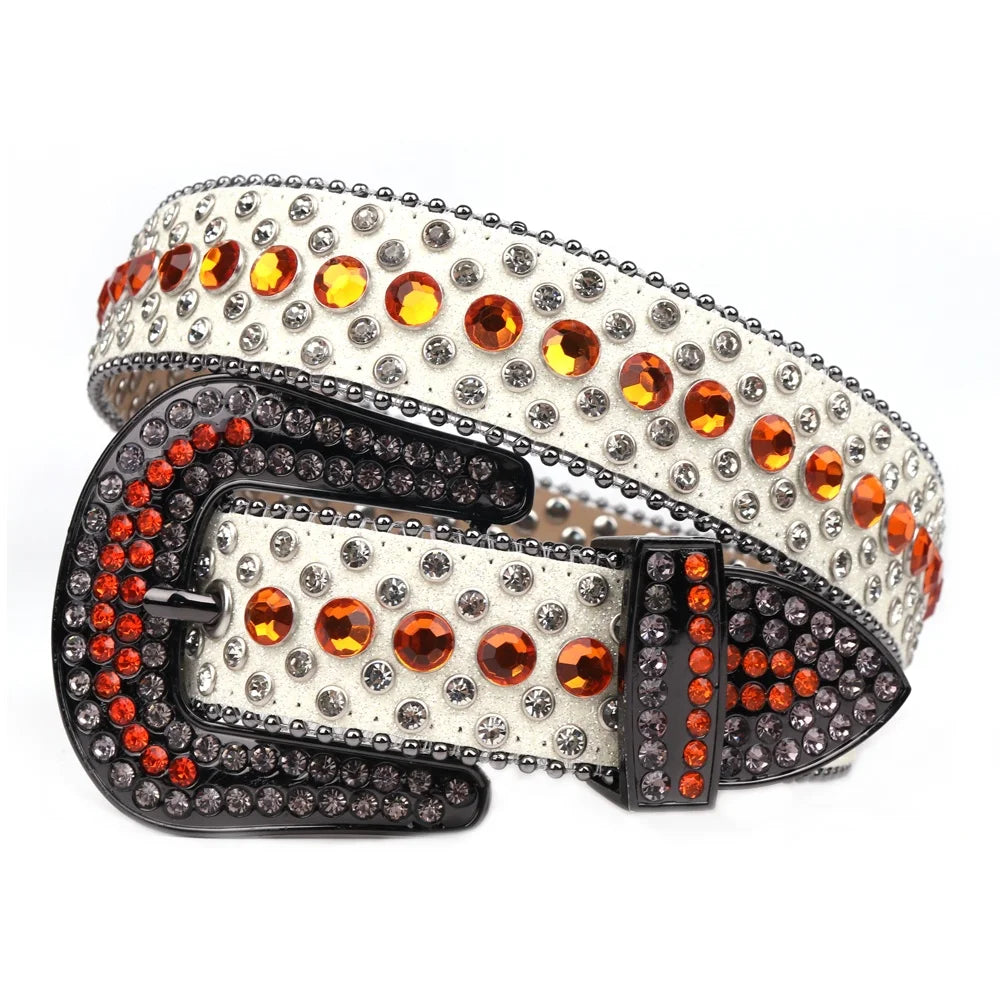 Custom Orange Bling Bling Rhinestone Belts Big Sparkle Diamond Studded Leather Belt Men Women Waist Belt