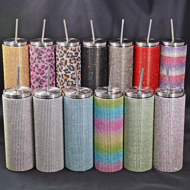 500ml Diamond Studded Glitter Water Bottle with Stainless Steel Straw - Excellent Gift for Women Girl