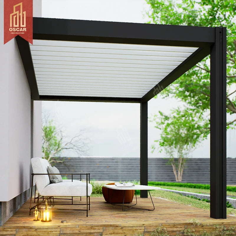 Easily Assembled Bioclimatic Waterproof Roof Motorised Aluminium Pavillon Sun Shade Garden Outdoor Wall Mounted Louvre Pergola
