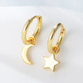 925 Sterling Silver Earrings Asymmetrical Plain Moon Star Pendant Gold Plated Hoop Earrings for Women 925 Earrings