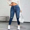 Wholesale Plus Size Women Dark Blue Button Ripped Skinny Pencil Women Jeans Fashion Stretchy Mid Waist Ladies Legging Pants