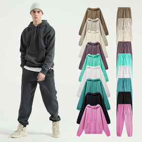 Custom Logo Printed 3D Embroidery Breathable Vegan Cotton Polyester Loose Fit Zipper-Up Hooded Track Suit Two Piece Jogger