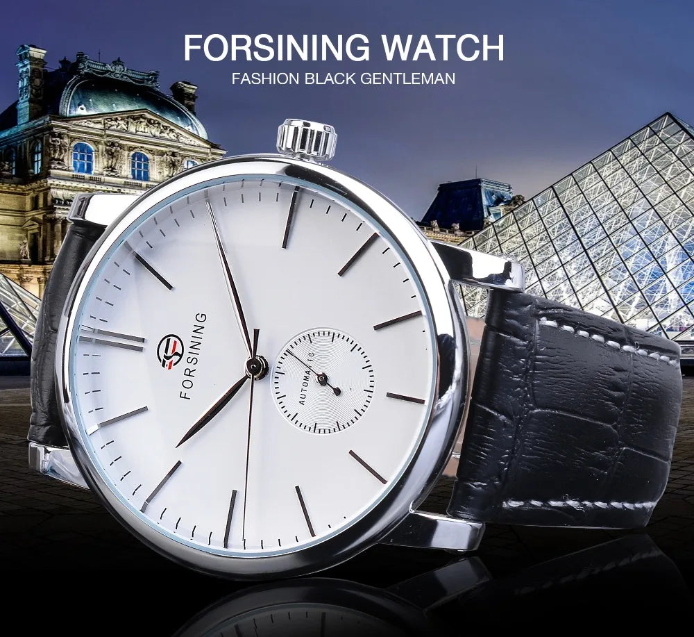 Forsining Men Casual Mechanical Watches Minimalism Ultra Thin Brand New Fashion Genuine Leather Strap Business Sports Wristwatch