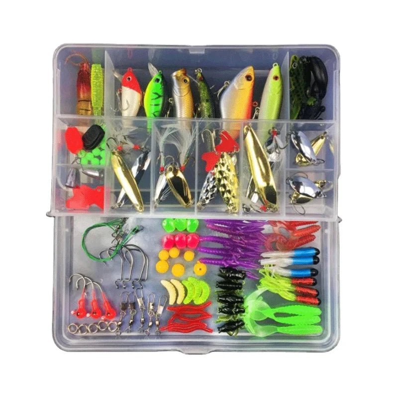 Newbility 105pcs Customized Fishing Tackle Box Hard Soft Fishing Lure Accessories Hooks Swivels Fishing Lures Kit Set Leure MegaBDM